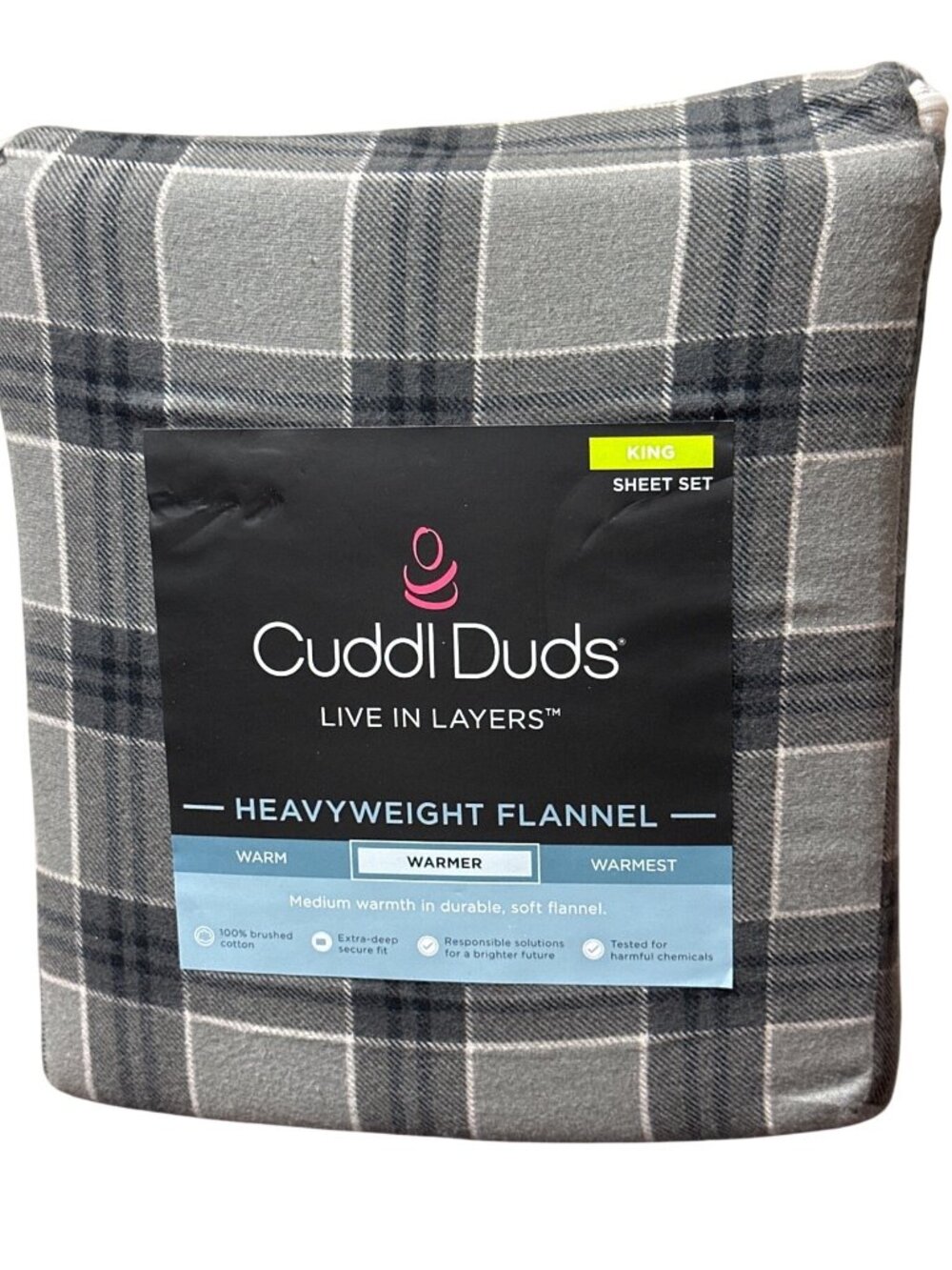 Cuddl Duds Heavyweight Flannel King Sheet Set In Gray Plaid 100% Brushed Cotton